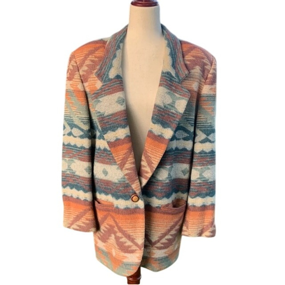 Vintage Southwestern Wool Blend Blazer L Aztec Tribal Blanket Artisan Jacket USA